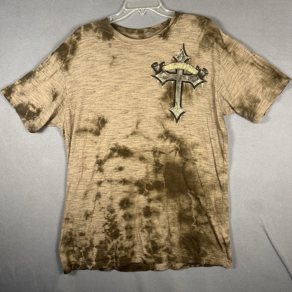 Affliction Shirt Mens XXL Beige Brown Skull Y2K Cross Wings Grunge Skull 2XL Tee